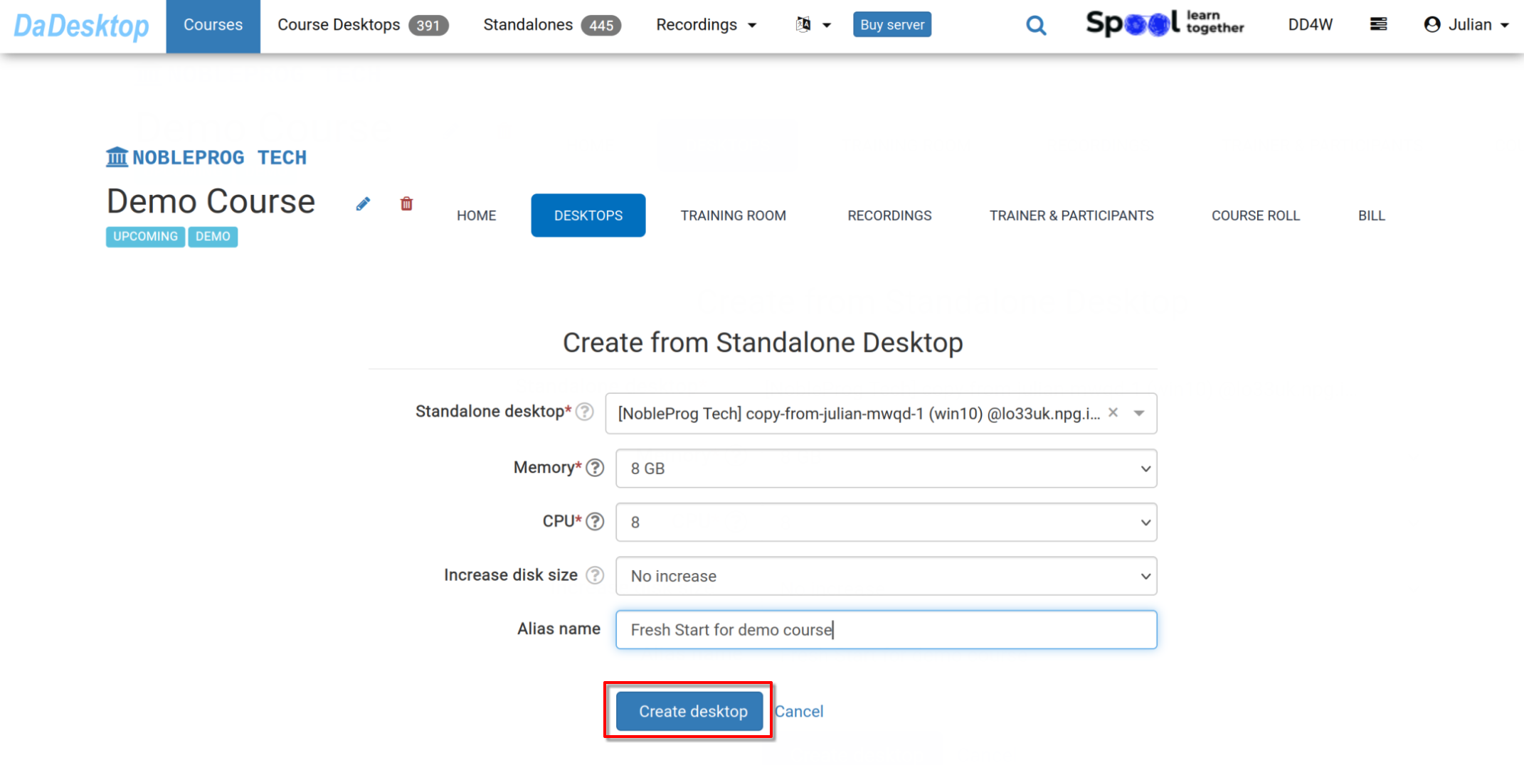 Buat dari Standalone, mengubah cpu, memori, ruang disk