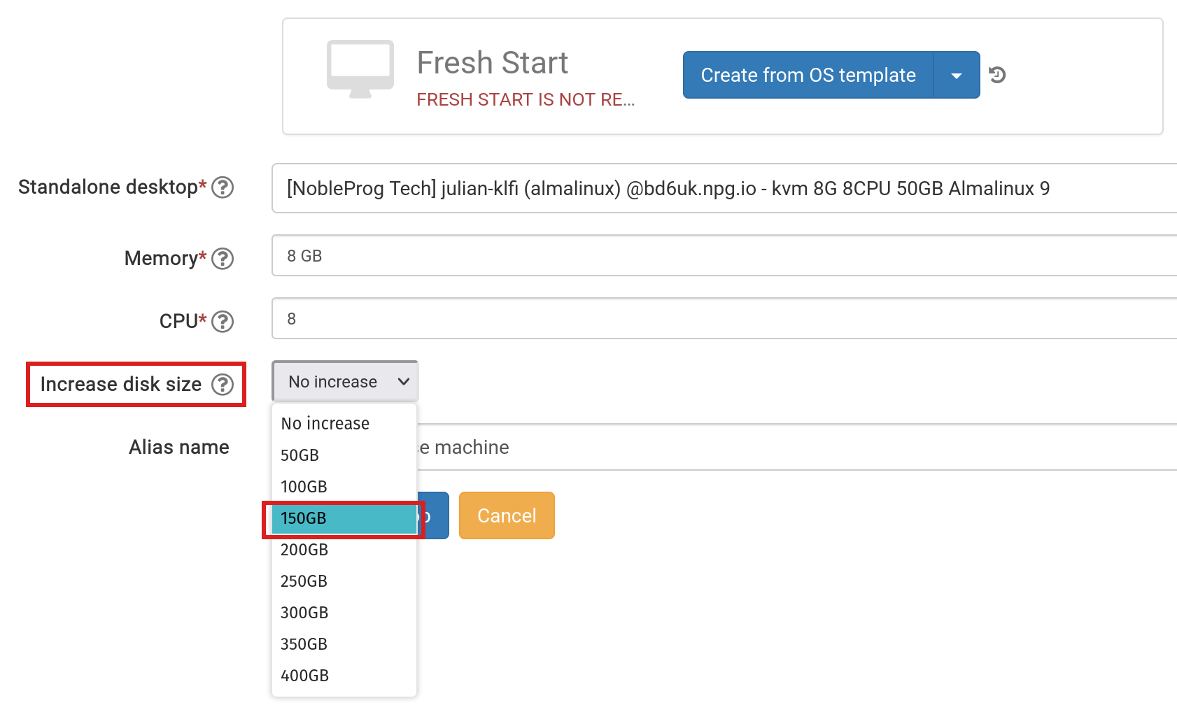 Buat Fresh Start dari Standalone, pilih perubahan ukuran disk